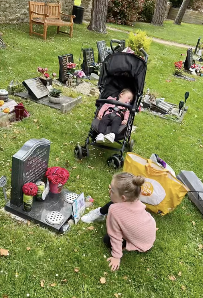 Children visit the gave of their late father. 